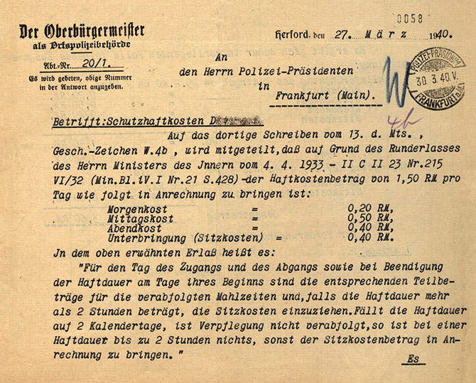 Abrechnung der Schutzhaftkosten des Gefangenen D. vom 27. März 2010 – Seite 1